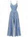 Blue 1930s Solid Deep V Tiered Ruched Jumpsuit front view