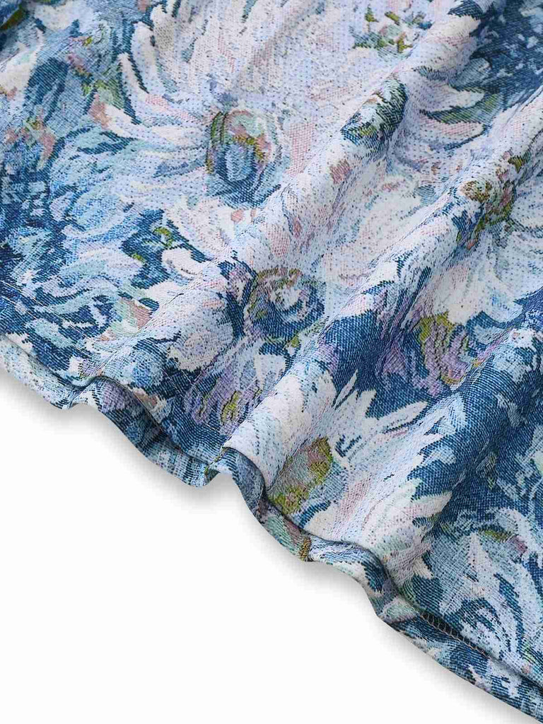 Close-up of a blue and white floral patterned fabric