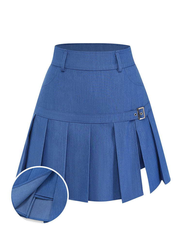 Blue pleated skirt with a close-up of the pleats on a white background