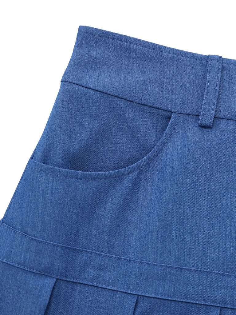 Close-up of a blue denim skirt on a white background
