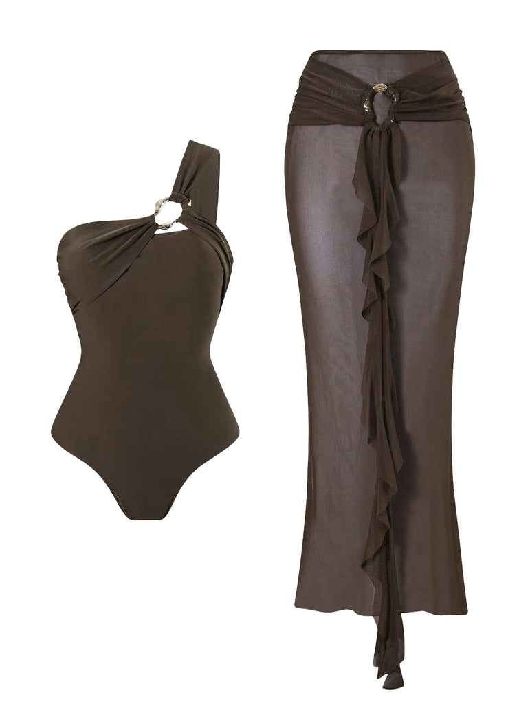 Maillot de Bain Une Pièce Filet à Volants Marron Années 1930