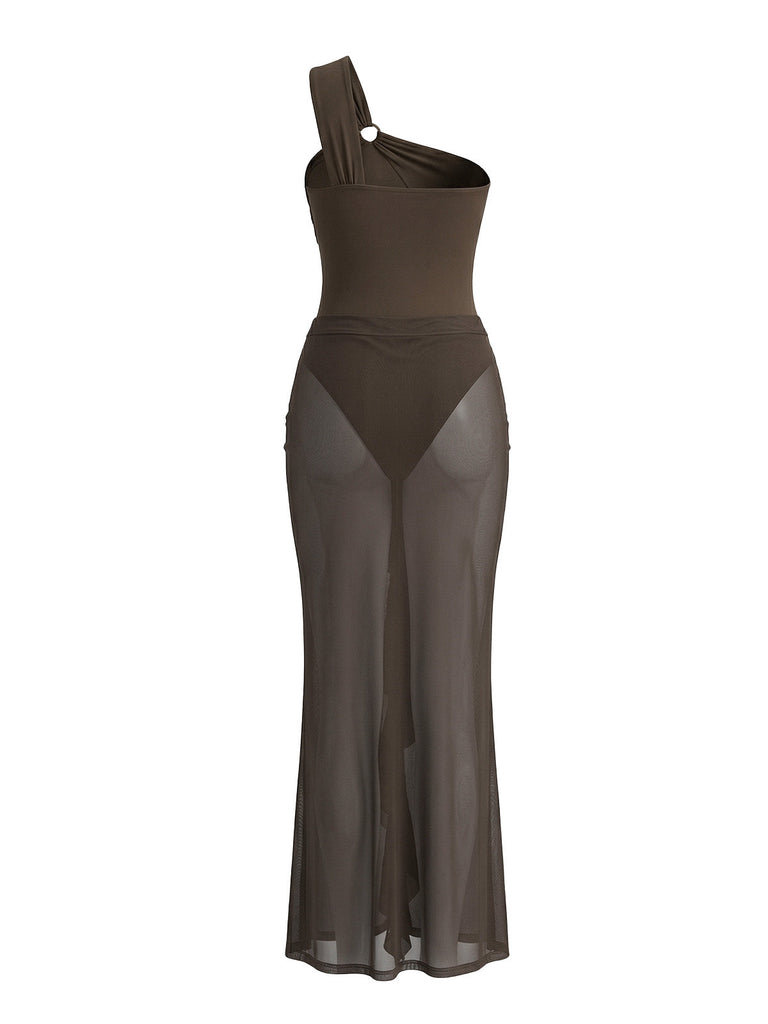Maillot de Bain Une Pièce Filet à Volants Marron Années 1930 2