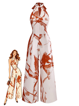 Combinaison Halter Sans Manches Imprimé Abstrait Floral Marron Années 30