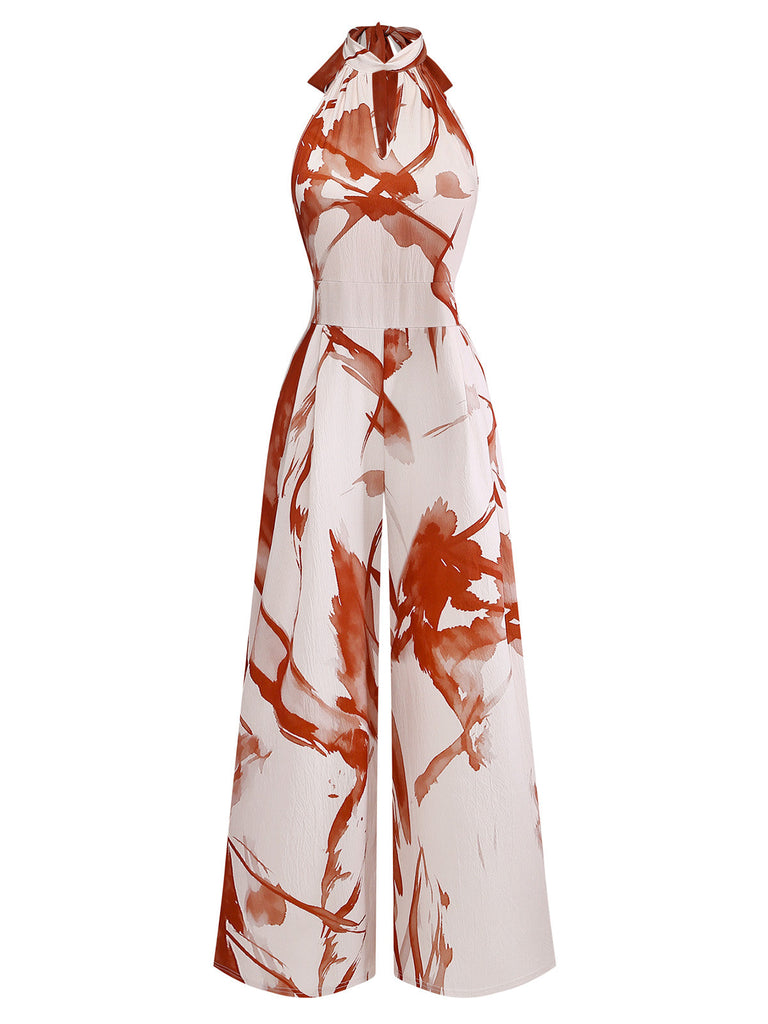 Combinaison Halter Sans Manches Imprimé Abstrait Floral Marron Années 30
