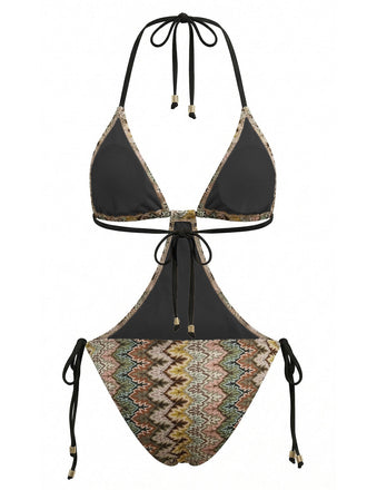 Maillot de Bain Une Pièce Bohème Froncé Imprimé Chevron Marron Années 1970 3