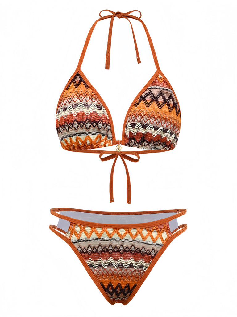 Bohème Géométrique Tricot Halter Ensemble Bikini Années 1970 2