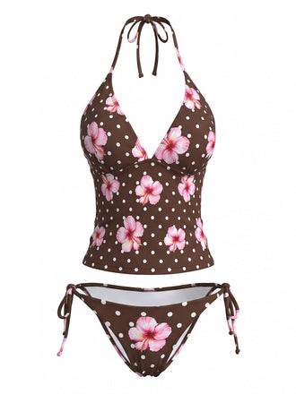 Ensemble Bikini Halter à Pois et Fleurs Marron Années 80