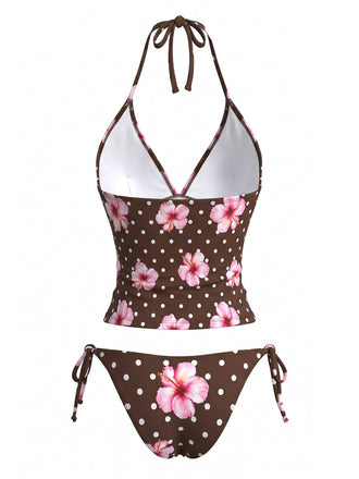 Ensemble Bikini Halter à Pois et Fleurs Marron Années 80