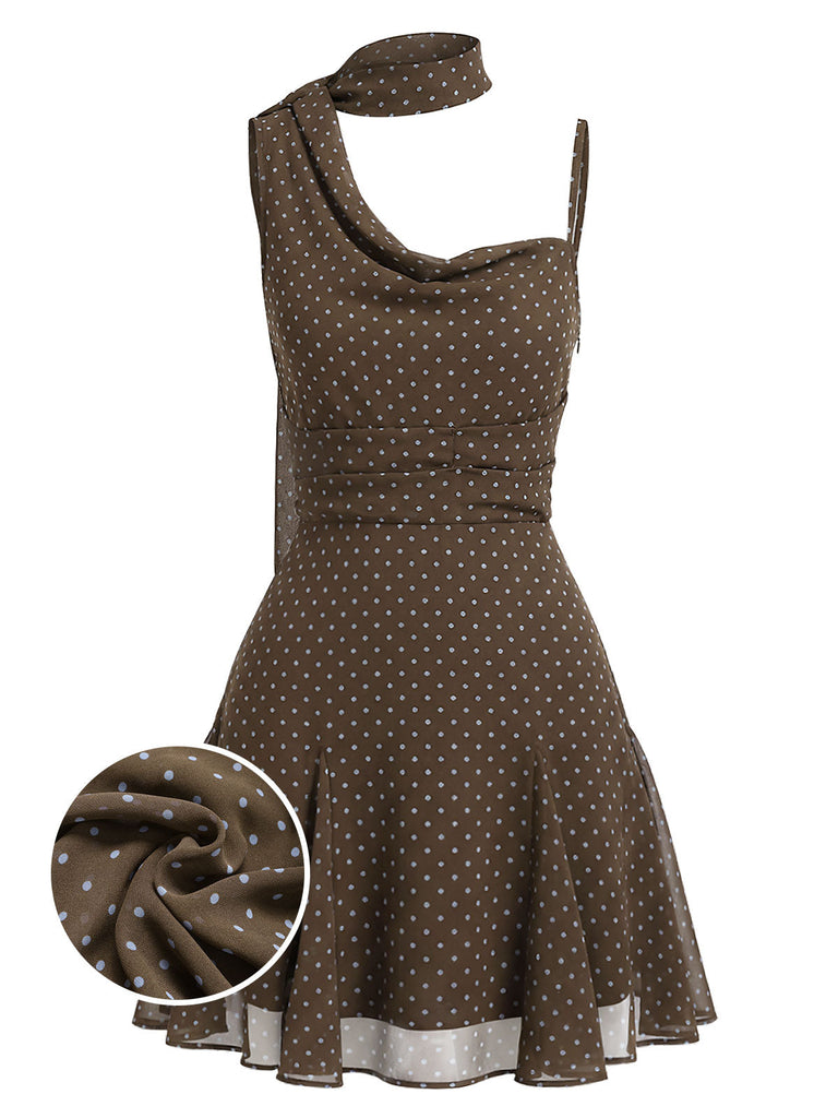 [Prévente] Robe en Mousseline à Pois Col Noué Asymétrique Marron Années 2000