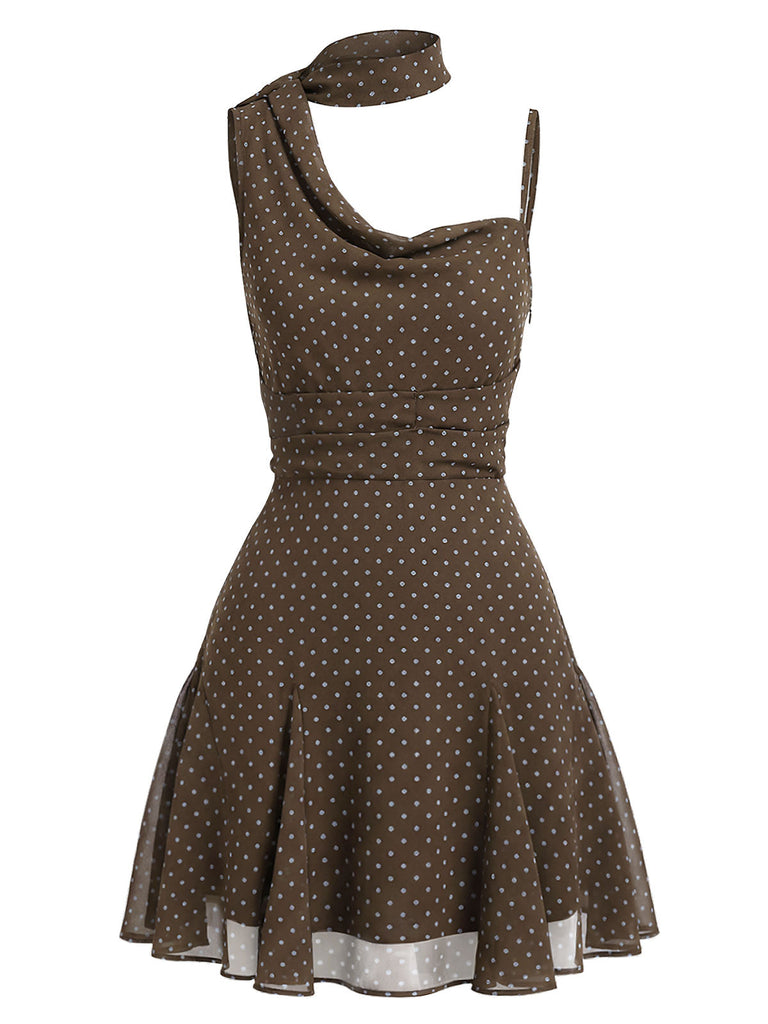 [Prévente] Robe en Mousseline à Pois Col Noué Asymétrique Marron Années 2000 2
