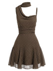 [Prévente] Robe en Mousseline à Pois Col Noué Asymétrique Marron Années 2000 2