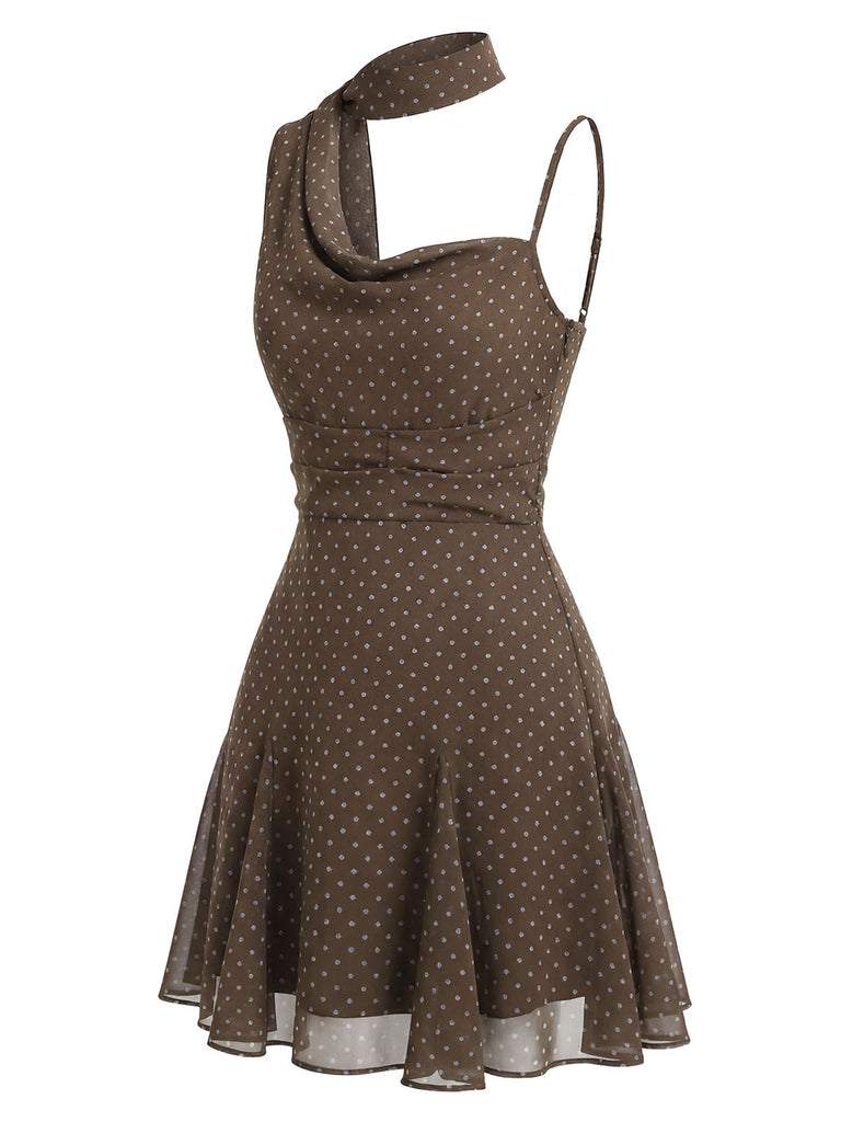 [Prévente] Robe en Mousseline à Pois Col Noué Asymétrique Marron Années 2000 3