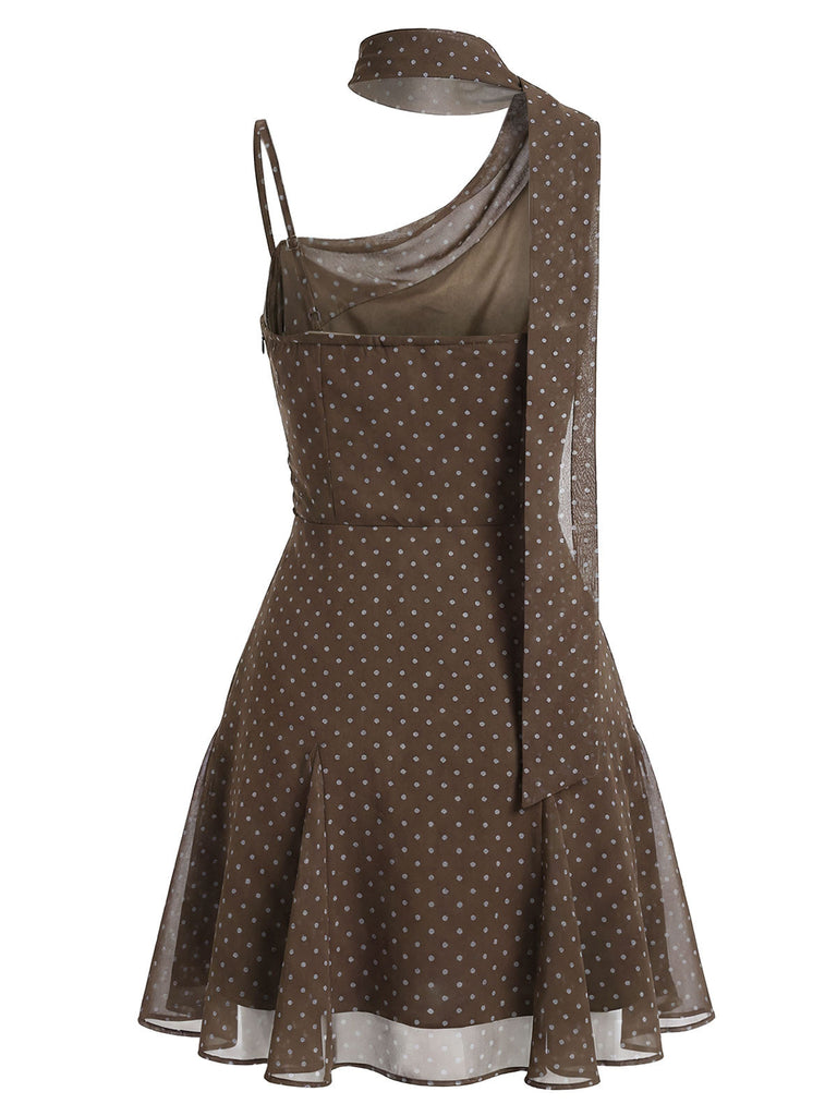 [Prévente] Robe en Mousseline à Pois Col Noué Asymétrique Marron Années 2000 4