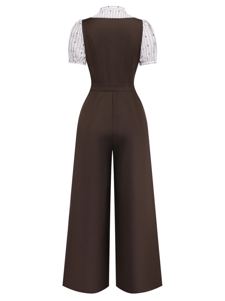 Brown jumpsuit worn over a white and black striped shirt on a white background