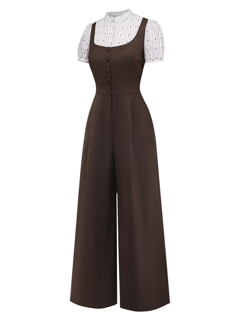 Brown jumpsuit with a white blouse on a white background