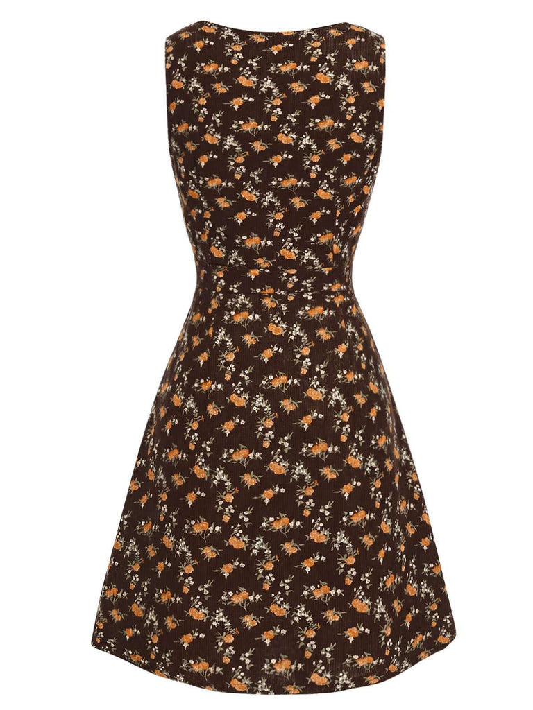 Brown 1960s Corduroy Floral Deep V Suspender Dress back view
