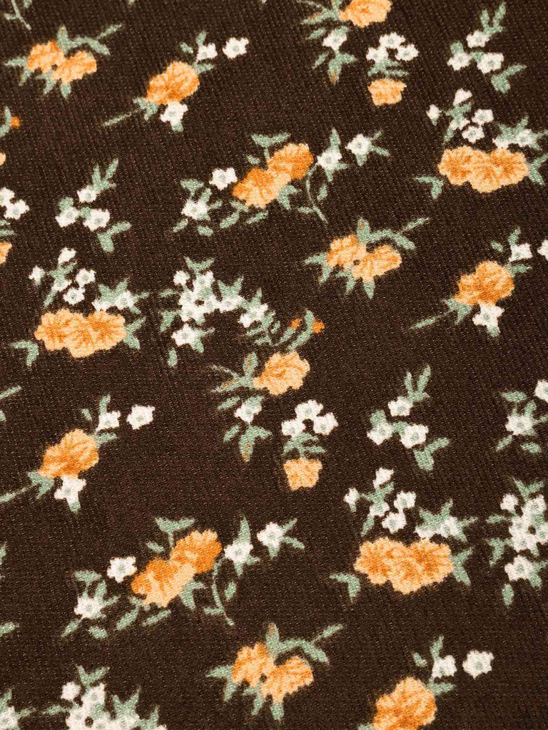 Brown 1960s Corduroy Floral Deep V Suspender Dress floral print pattern detail