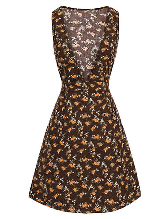 Brown 1960s Corduroy Floral Deep V Suspender Dress front view
