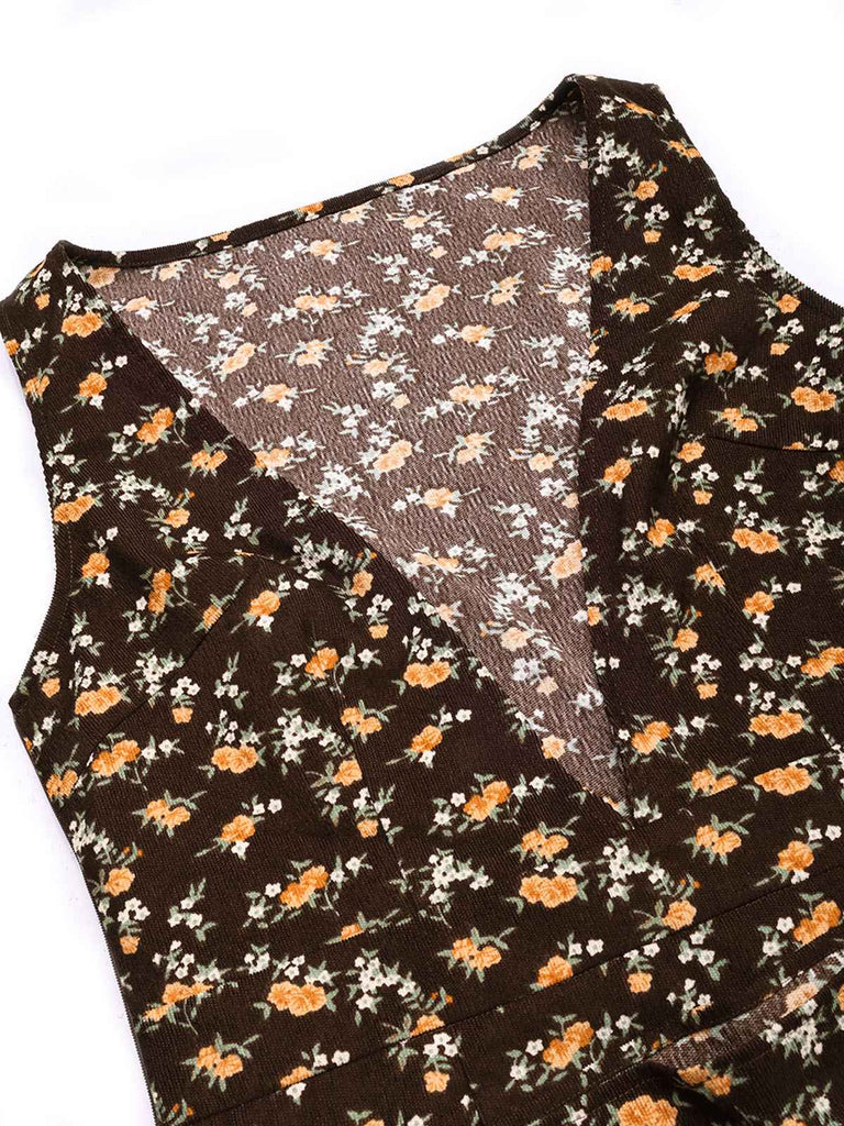 Brown 1960s Corduroy Floral Deep V Suspender Dress v neck detail