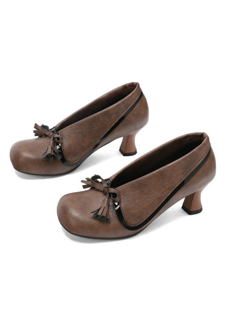 Chaussures rétro à nœud en PU, bout rond et talon compensé