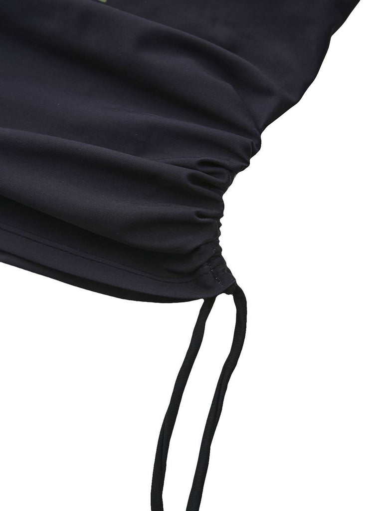 Maillot de bain tankini tie-dye noir à motif palmiers au coucher du soleil années 1940