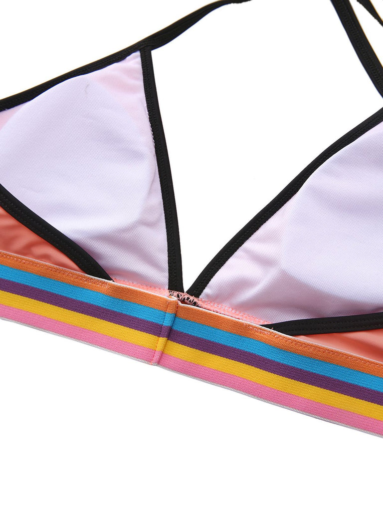 Ensemble Bikini triangle rose rayures arc-en-ciel 1940s