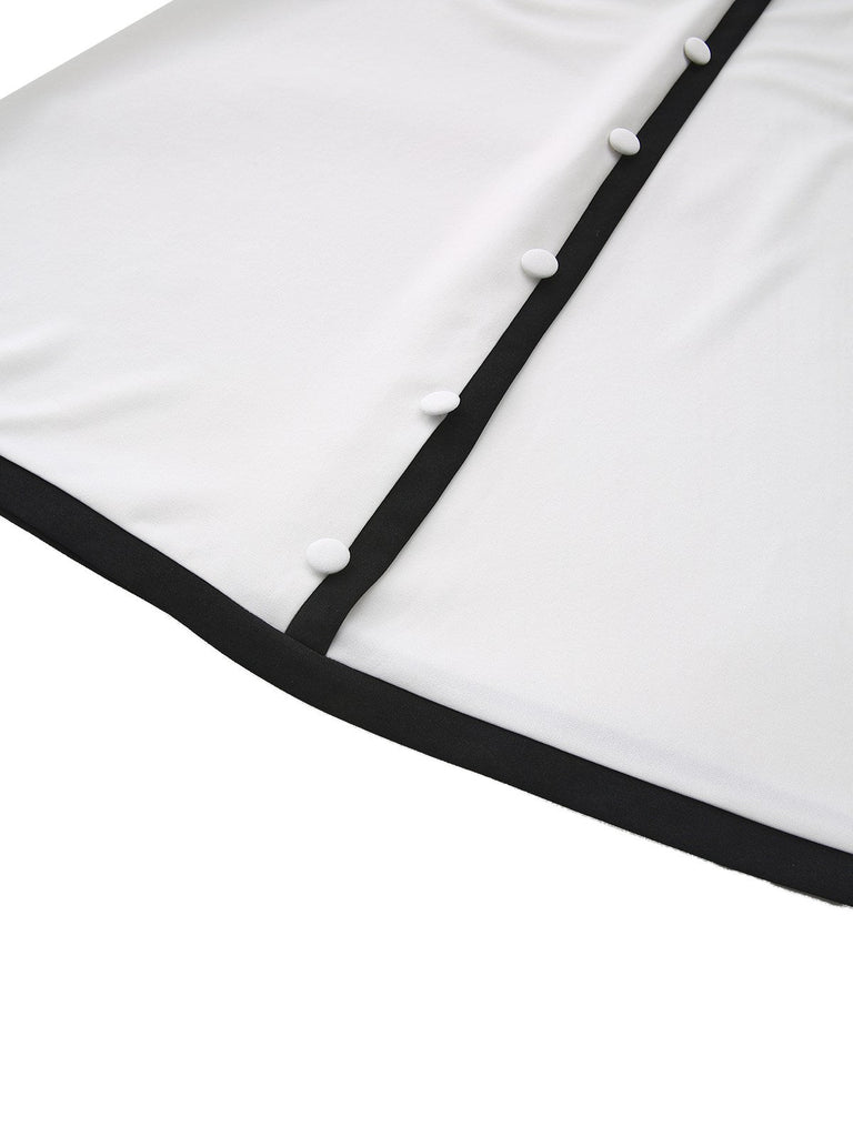 Robe boutonnée à col en V profond blanche et noire années 1940