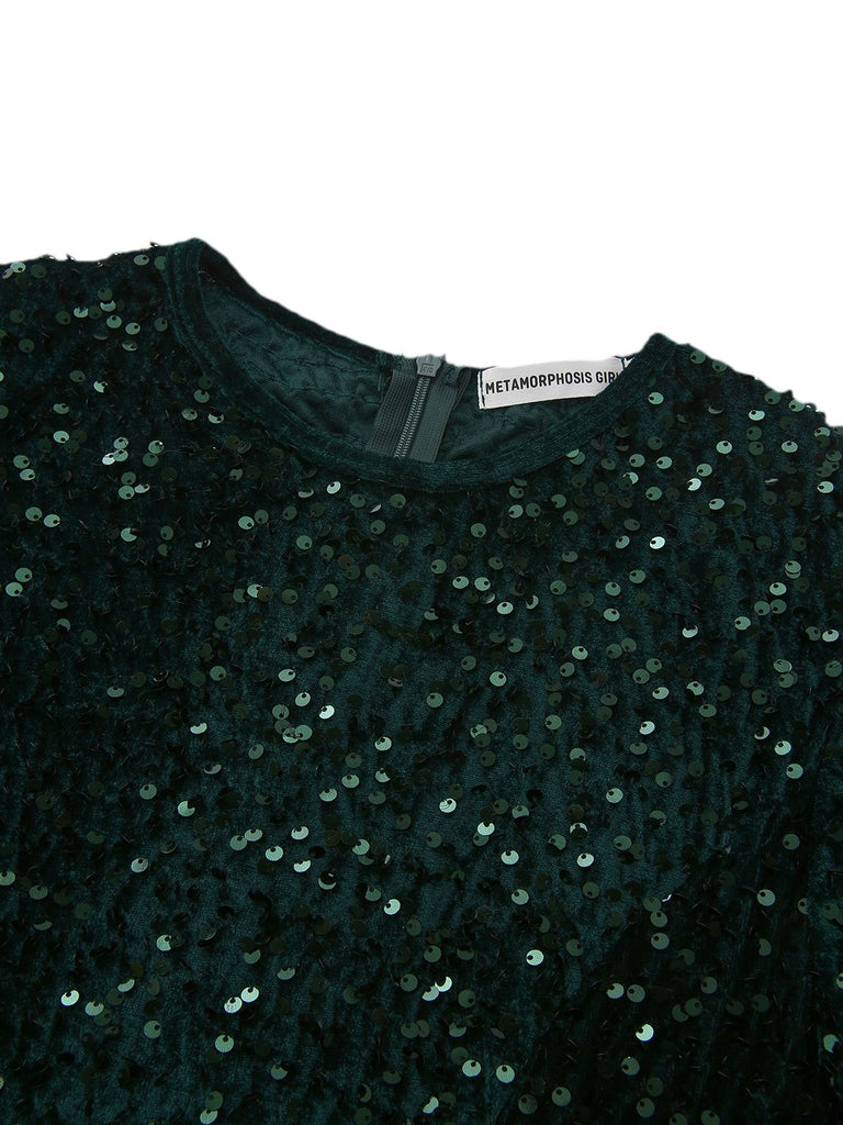 Robe longue à sequins vert foncé manches longues années 40
