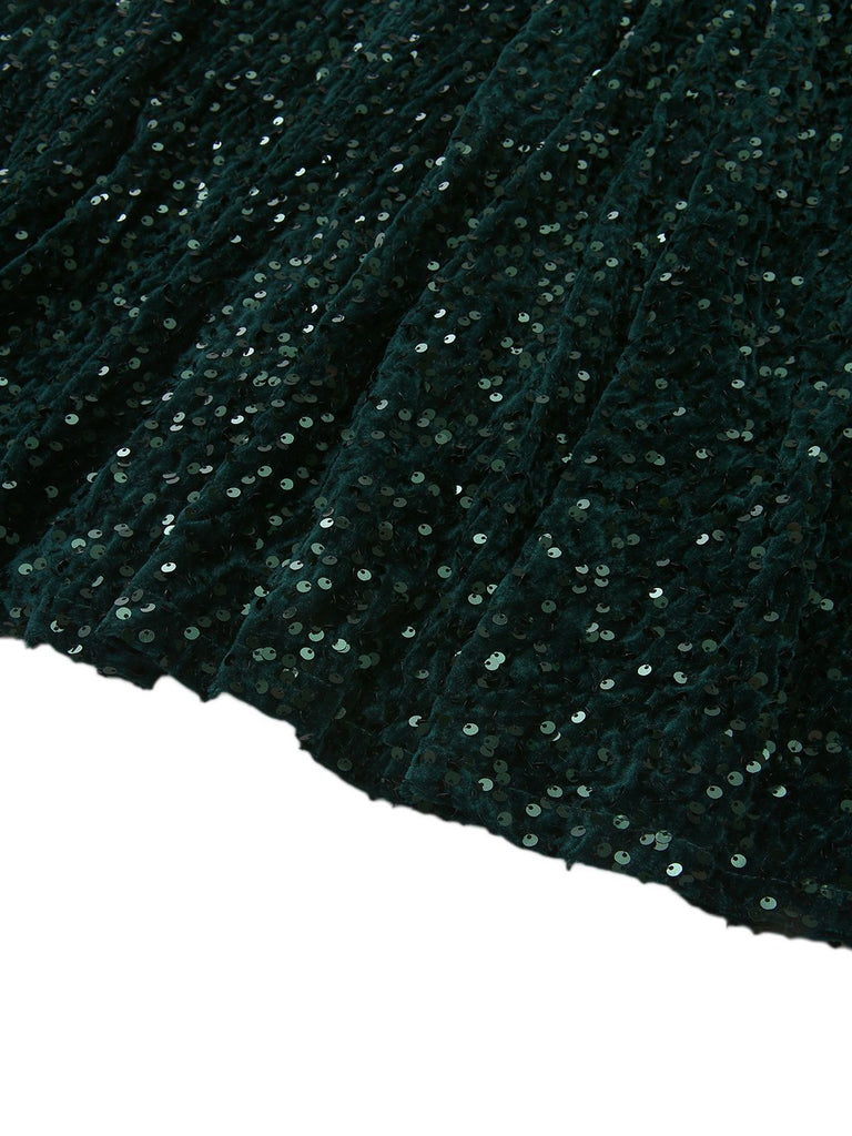 Robe longue à sequins vert foncé manches longues années 40