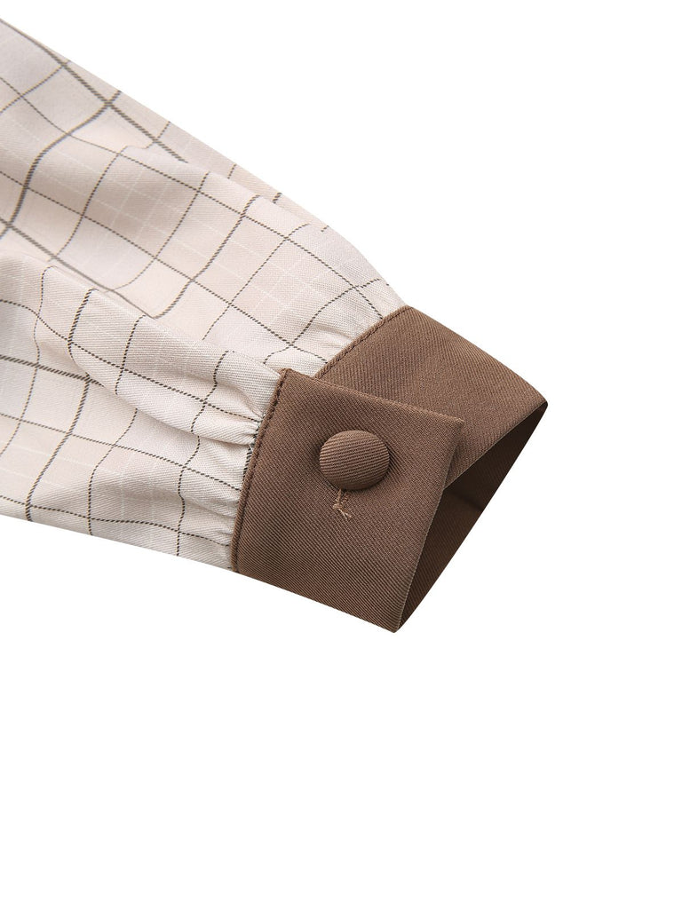 Robe Chemise Beige À Carreaux Ceinturée Boutonnée Année 1940