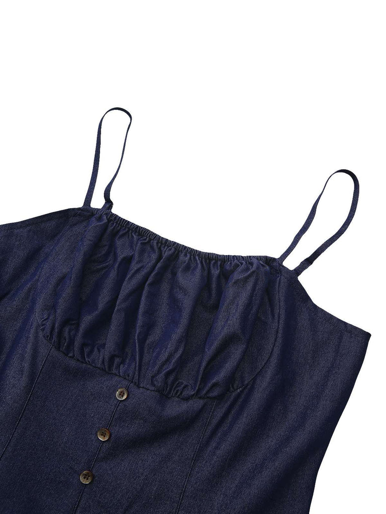 Mini-robe froncée bleue à bretelles spaghetti années 1960