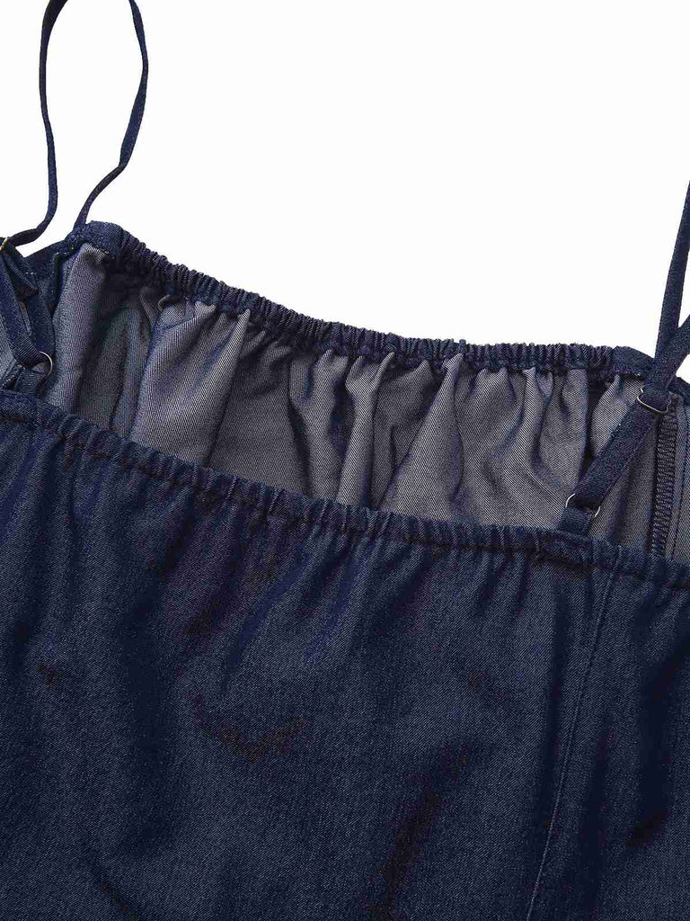 Mini-robe froncée bleue à bretelles spaghetti années 1960