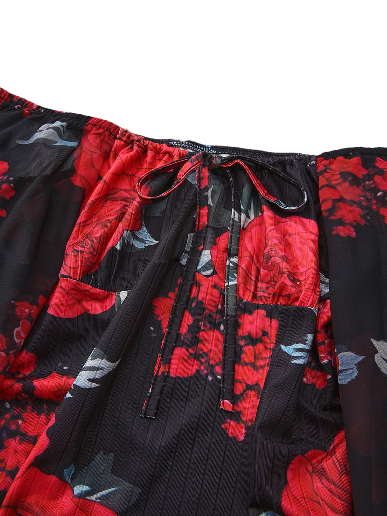 Robe moulante fleurs style thé français épaules dénudées années 1960