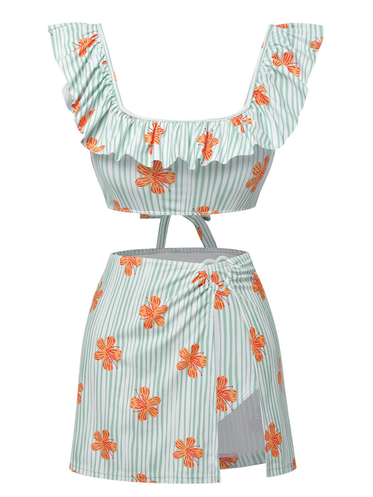 [Pré-vente] Maillot de bain et jupe à rayures florales vert clair des années 1950