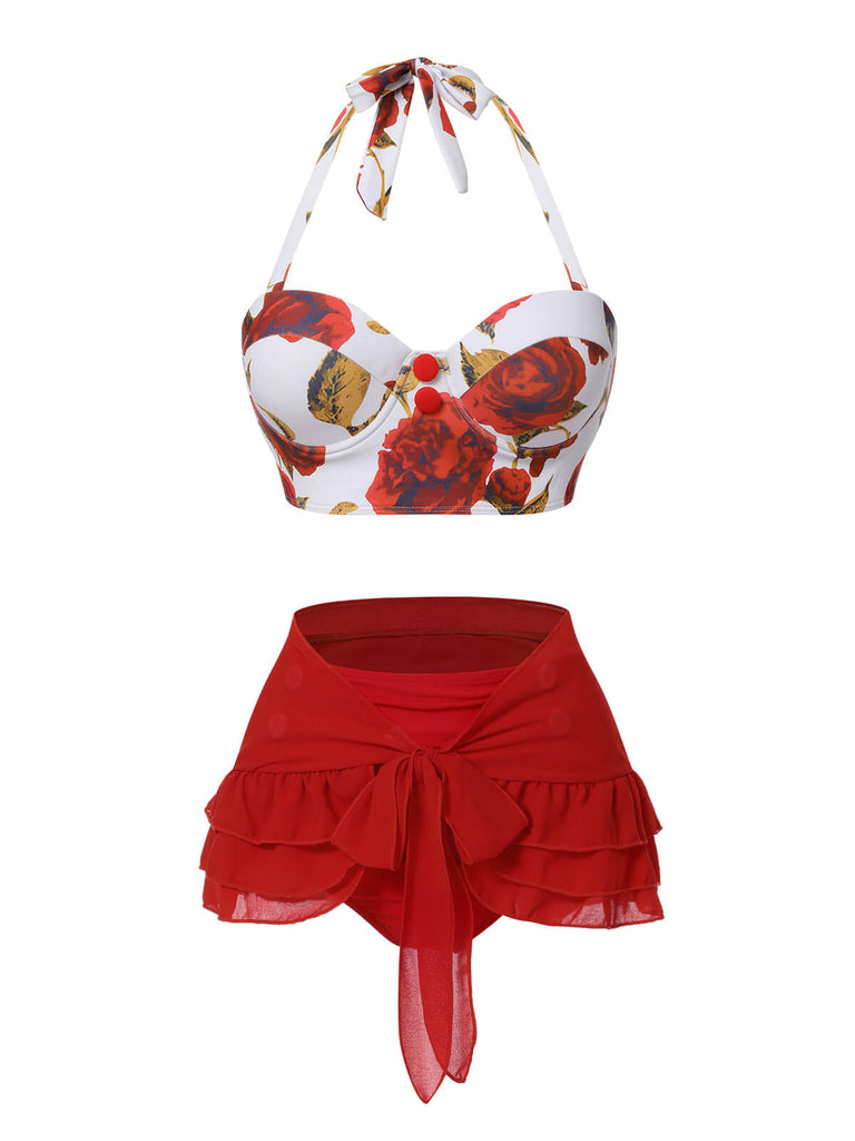 [Prévente] 2PCS Maillot de bain licou roses et jupe cache-maillot bleu des années 1960