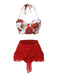 2PCS Maillot de bain licou roses et jupe cache-maillot rouges des années 1960