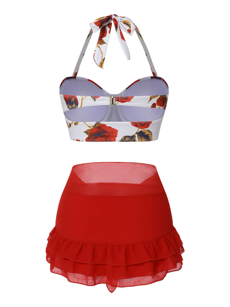 [Prévente] 2PCS Maillot de bain licou roses et jupe cache-maillot bleu des années 1960