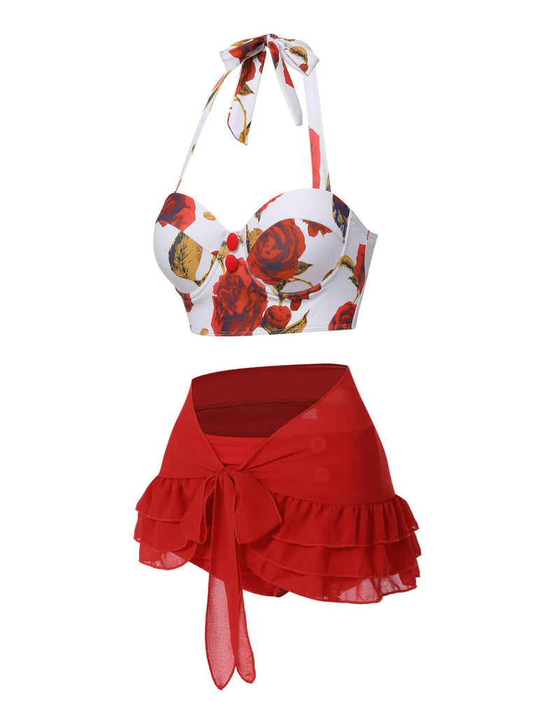 2PCS Maillot de bain licou roses et jupe cache-maillot rouges des années 1960