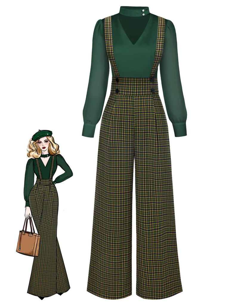 Chemisier à manches bouffantes satin et pantalon bretelles carreaux vert années 1940