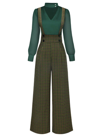 Chemisier à manches bouffantes satin et pantalon bretelles carreaux vert années 1940