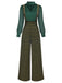 Chemisier à manches bouffantes satin et pantalon bretelles carreaux vert années 1940