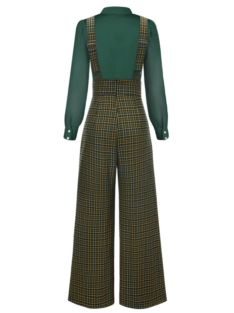 Chemisier à manches bouffantes satin et pantalon bretelles carreaux vert années 1940