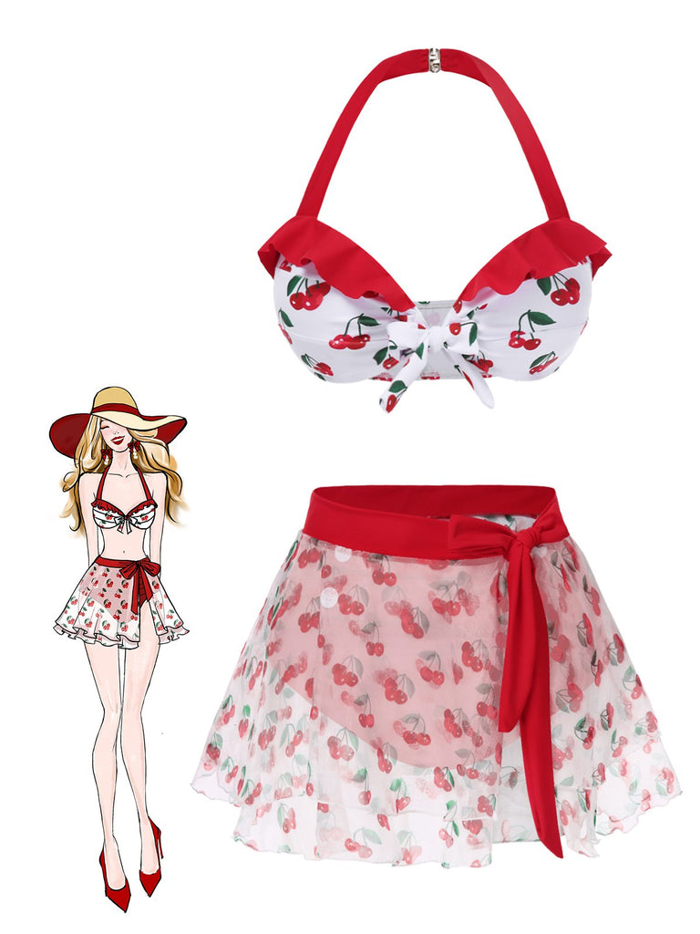 Ensemble bikini cerise et cache-maillot à nouer à lacets rouge années 50