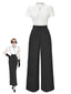 2PCS haut en satin blanc et pantalon gris à rayures fines des années 1930