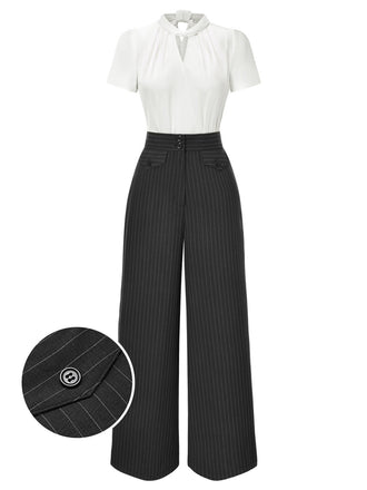 2PCS haut en satin blanc et pantalon gris à rayures fines des années 1930