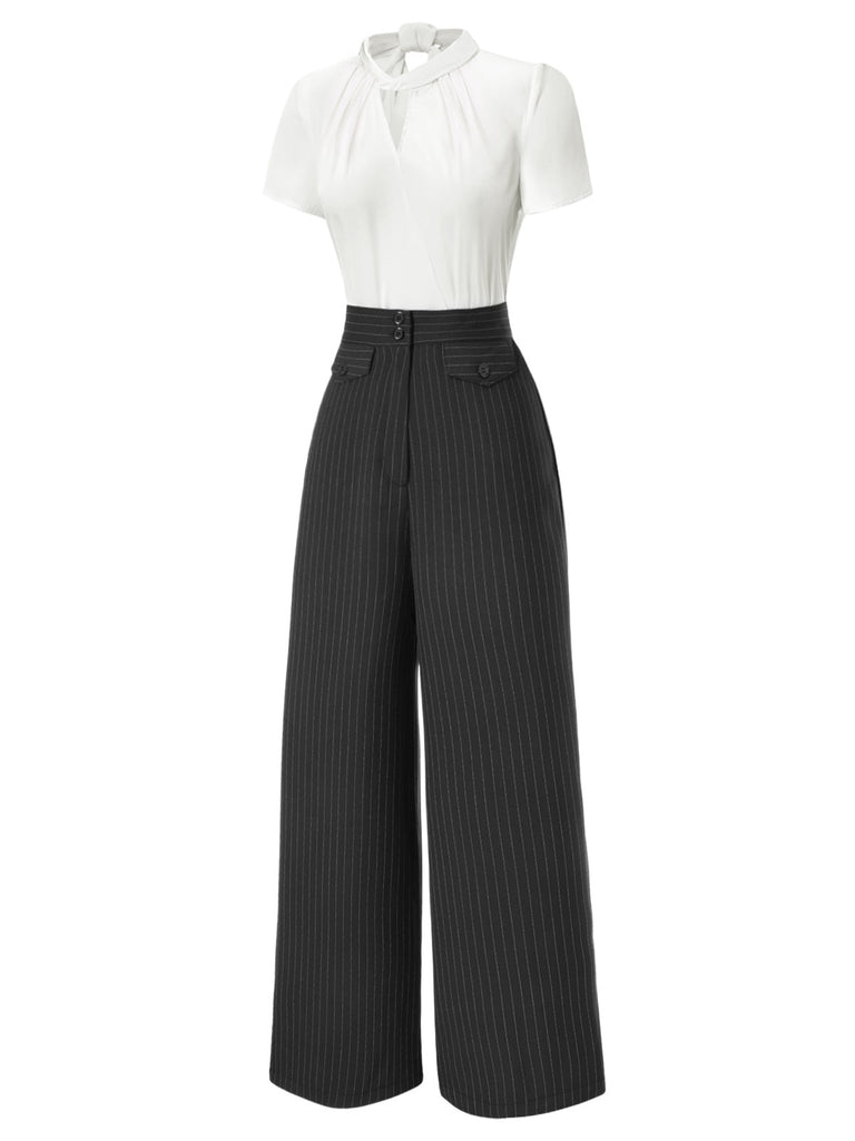 2PCS haut en satin blanc et pantalon gris à rayures fines des années 1930