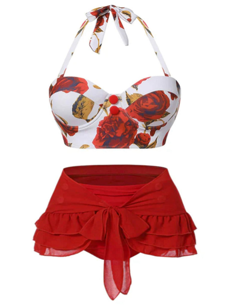 [Grande taille] Bikini dos nu et cache-maillot jupe à motifs roses rouges années 1960