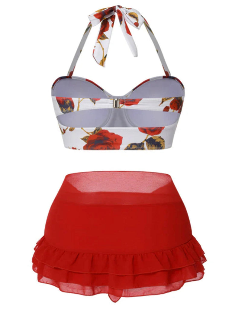 [Grande taille] Bikini dos nu et cache-maillot jupe à motifs roses rouges années 1960