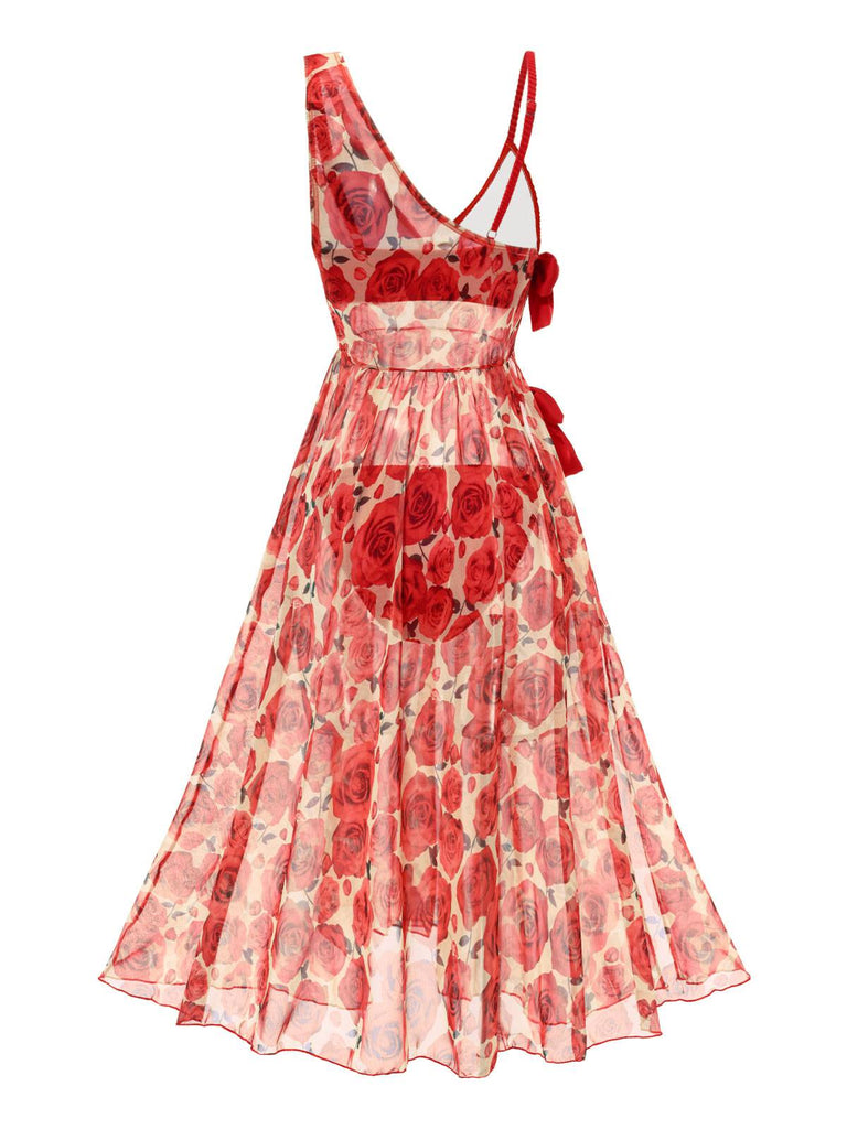 [Prévente] Ensemble bikini rouge et cache-maillot longue roses années 60