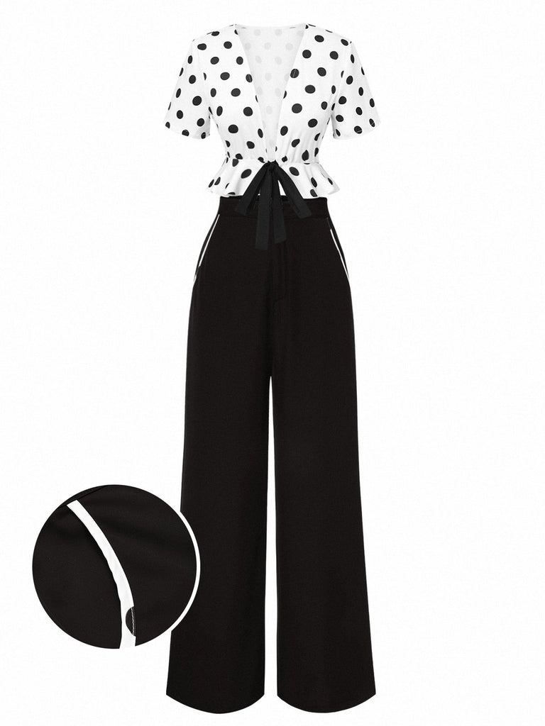 [Prévente] 2PCS haut à pois et pantalon droit blanc et noir années 50